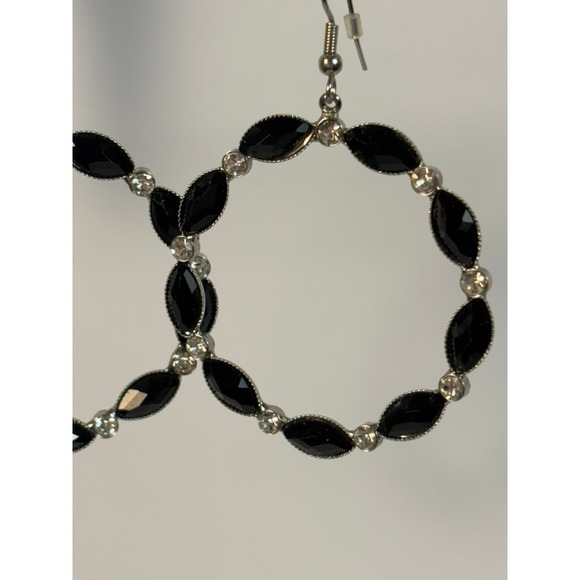 Glam Hoop Earrings Black Marquise Rhinestone Silver Tone Dangle Statement - Picture 3 of 6